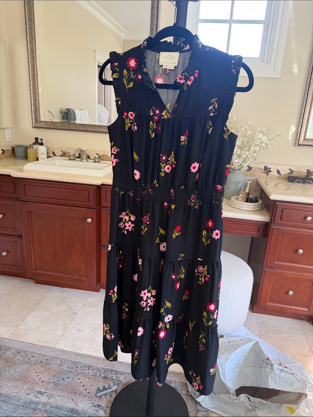kate spade Black Floral Tiered Midi Dress with Pink Accents